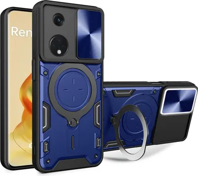 Produktbild von Handyhülle für Oppo Reno8 T 5G Dual-Layer Stoßfest Rüstung Hülle mit Dia Kameraschutz und Kreisförmig Ring Ständer Blau
