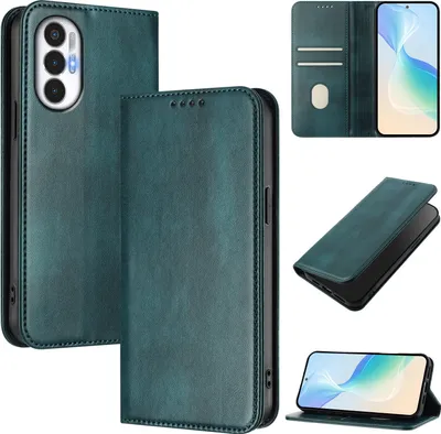 Obrázek produktu pro Pouzdro pro Tecno Pova 3, vintage kožené pouzdro s RFID ochranou, přihrádkami na karty, stojánkem Zelený
