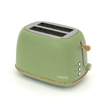 Produktbild von Toaster Caprizze Kaito mit Doppelschlitz Extra Breit 6 Bräunungsstufen Vintage-Design mit Mattgrünem Holz-Effekt