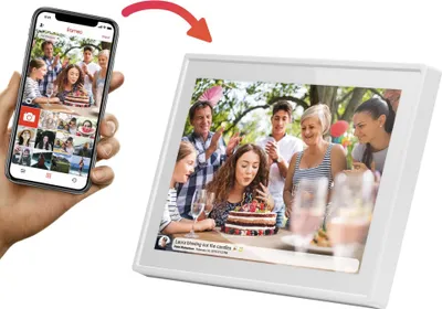 A hand holding a smartphone displaying photos, with an arrow pointing to a digital photo frame displaying a similar image of a birthday celebration.