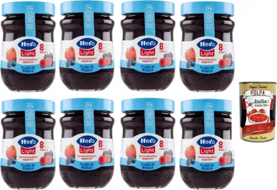 Produktbild von Hero Light Beeren Marmelade, 8 Gläser mit 280 g, Marmelade und zusätzlicher Marmelade, hochwertige Früchte, ohne Konservierungsstoffe und ohne Farbstoffe + Italian Gourmet polpa 400g