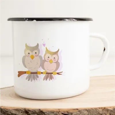Produktbild von Huuraa Emaille Tasse Eulen Geschenk Kaffeebecher Vintage 300ml Eulen Präsent