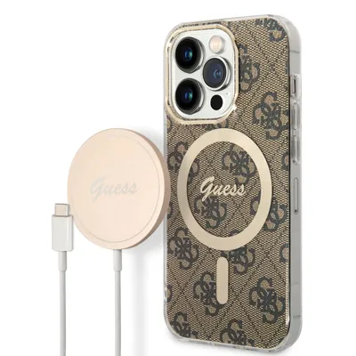 Obrázek produktu pro Set Guess Gubpp14Lh4Eacsw Case+ Charger Iphone 14 Pro 6.1 Hnědé/Hnědé Pevné Pouzdro 4G Print Magsafe