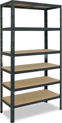 A metal shelving unit with wooden shelves against a white background.