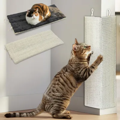 Produktbild von Katzen Kratzbrett klein mit 2 verschiedenen Seiten - 50 x 22 cm - Sisal und Plüsch Kratzecke zum Legen oder Hängen - Wand Kratzmatte Kratzbaum