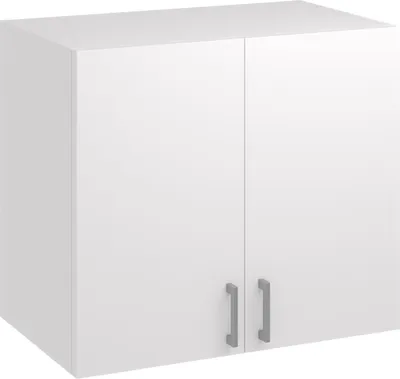 A white kitchen wall cabinet with two doors and silver handles.