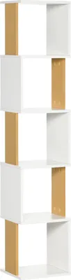 Image de Bibliothèque - Étagère sur pied en forme de S - 5 niveaux - 33x28x161 cm - Bois mélaminé - Avec compartiments de rangement - Pour le salon/bureau - Blanc