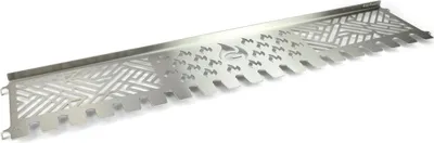 A stainless steel warming rack for a grill, with a decorative pattern and a logo.