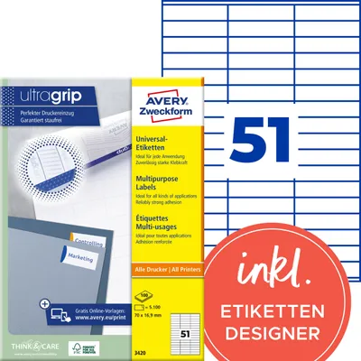 Obrázek produktu pro Avery - Permanentklebeetiketten - weiß - 70 x 16,9 mm 5100 Stck. (100 Bogen x 51) (3420)