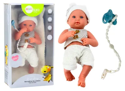 Immagine prodotto di Baby Doll In Vestiti Bianchi E Grigi Cappello Ciuccio E Coperta