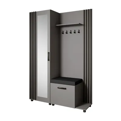 Produktbild von Garderoben-Set LIVIA Rechts Graphit – Garderobenschrank mit Spiegel, Schuhschrank mit schwarzen Sitzkissen, Lamellen in Schwarz, Hochschrank