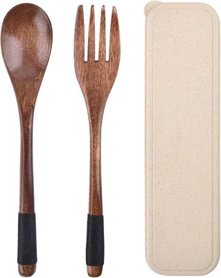 Produktbild von Holz Besteck mit Löffel und Gabel - wiederverwendbares Geschirr für Reisen