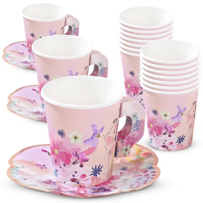 Tea Party Papierbecher & Untertassen, 12 Stück, Blumenmuster