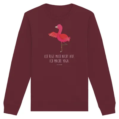 Produktbild von Mr. & Mrs. Panda Baumwoll Pullover Flamingo Yoga Größe S - Burgundy - Geschenk, Bio-Pullover, Sweater, Pulli, Entspannung, Achtsamkeit, Aufgeregt, Sweatshirt, Yogi, Baum