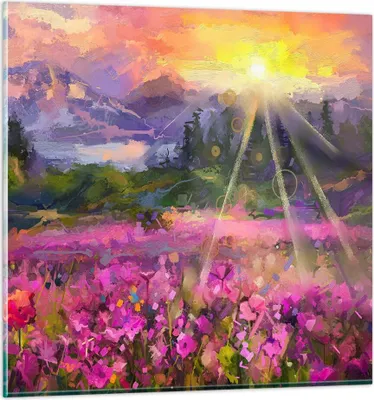 Produktbild von Bilder auf glas - Berge Blumen Blumen - 60x60cm - Glasbilder - Wandbilder - Kunstdruck - zum Aufhängen bereit - Wanddekoration aus Glas - Glas Bilder - Wandbild auf Glas - Einteilig - GAC60x60-4029
