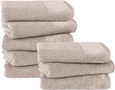 Produktbild von Pure Label 8-TLG Handtücher Set mit Aufhängeschlaufen aus Baumwolle, saugstark und weich | 8er Pack Handtücher 50x100 cm aus Baumwolle, Beige-Taupe