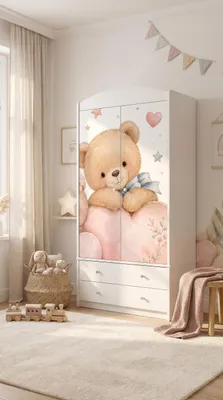 Produktbild von Kinderkleiderschrank mit bezauberndem Motiv – 2-türiger Schrank für Kinderzimmer inkl. 2 Schubladen, Kleiderstange & Einlegeböden, Weiß (88x187x54 cm)
