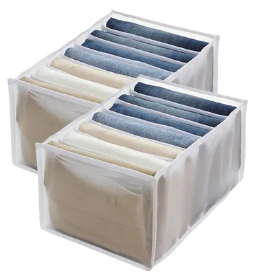 Produktbild von 2 x Jeansfach Aufbewahrungsbox Schrank, Kleiderschublade Netztrennbox Kleiderschrank Kleidung Organizer, 7 Fächer(weiß, 36*25*20 cm)