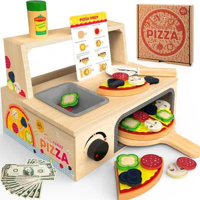 Produktbild von Montessori Holz Pizzaset, 48-teilig, Kochofen, für Kinder ab 3 Jahren, für Rollenspiel