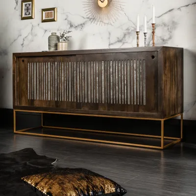 Obrázek produktu pro riess-ambiente Masivní příborník ONYX 160 cm tmavě hnědý zlatý mangové dřevo drahokam achát posuvné dveře komoda příborník skříňka