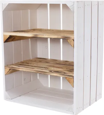 Produktbild von Weiße Holzkiste mit 2 geflammten Mittelbrettern quer 50cm x 40cm x 30cm Obstkiste mit Zwischenbretter Weinkisten flambiert Wandregal Gartendeko Küchenregal