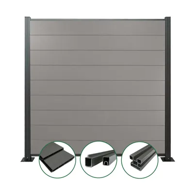 Produktbild von Woodstore24 - WPC Sichtschutzzaun - grau – 2 x Zaun & 3 x Pfosten - 185 cm x 180 cm - Gartenzaun Komplettset - inkl. Pfosten anthrazit