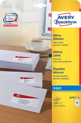 Image de Avery Zweckform J4791-25 Étiquettes d'adresse, 45,7 x 21,2 mm, 25 feuilles/1 200 étiquettes, blanc