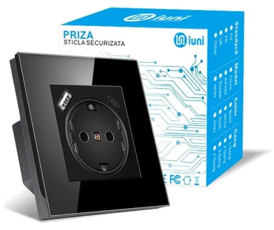 Image de Prise cadre verre trempé, ports USB-A et USB-C, iUni UC1, 16A, Noir