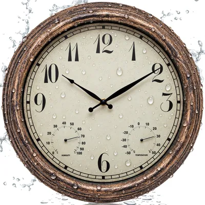 Wandklok 38 cm, wetterfest, mit Thermometer & Feuchtigkeit, Bronze