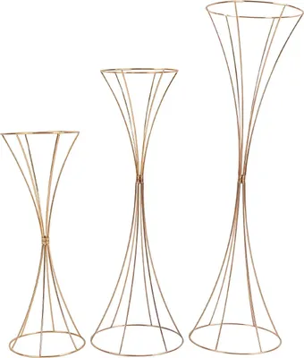 Image de Porte-fleurs de mariage - Lot de 3 colonnes - Métal ferreux - Hauteurs 50/66/79 cm - Centre de table pour fêtes et banquets - Style moderne - Doré