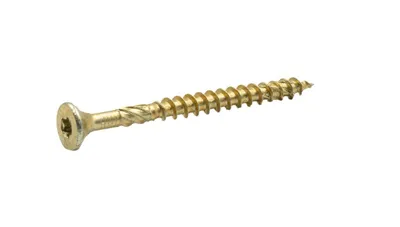 A single gold construction screw is shown against a white background.