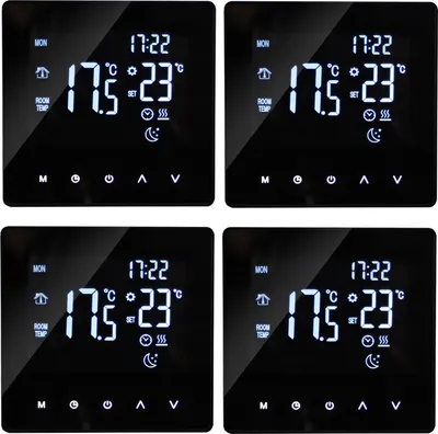 Four identical digital thermostats are displayed in a grid.
