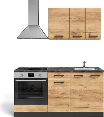Produktbild von Singleküche Vicco R-Line Goldkraft Eiche/Anthrazit 160 cm mit Herdumbauschrank ohne Arbeitsplatte, Model 56467