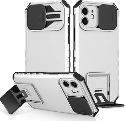 Produktbild von iPhone 12 Hülle, Dual Layer Ständer Schutzhülle mit Schiebe Kamera Schutz für iPhone 12 Weiß