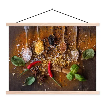Produktbild von MuchoWow® Textilposter Löffel - Kräuter - Chili - Gewürze - Salz 40x30 cm mit holzfarbenen Rahmen - Bilder