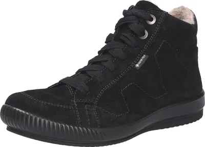 A black suede high-top boot with laces and a ribbed sole.