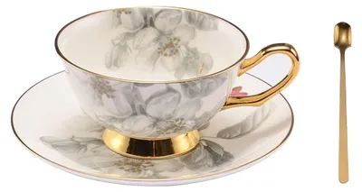 Imagen del producto de Solidchoice - Juego de tazas de porcelana fina con platillo y cuchara (240 ml)