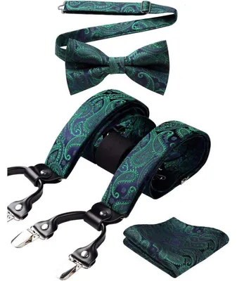 Produktbild von Hosenträger Herren 3,5 cm mit 6 Clips Y-Form Längenverstellbar 130 cm Fliege Einstecktuch 3er Set Grün Paisley