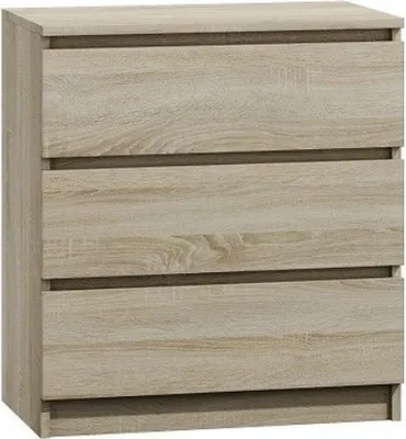 A front view of a light brown wooden chest of drawers with three drawers.