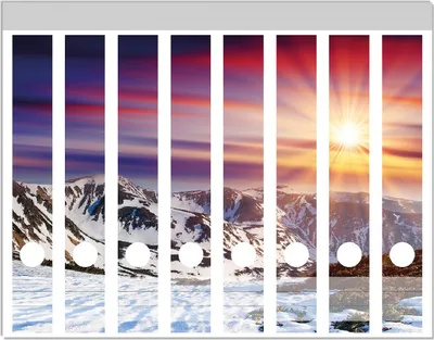 Produktbild von Wallario Ordnerrücken Sticker, selbstklebend für schmale Ordner, 8 Stück, Motiv Farbenfroher Sonnenuntergang im Winter - Schnee in den Bergen