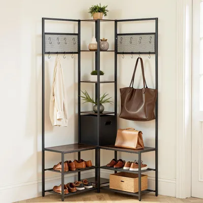 Immagine prodotto di VEVOR Appendiabiti angolare multifunzionale (altezza 180 cm) con ganci, ripiano e struttura in acciaio, appendiabiti con sistema anti-ribaltamento, scaffale per guardaroba per ingresso, ufficio e soggiorno, marrone rustico