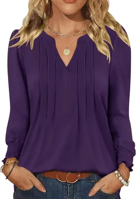 Productafbeelding van Damesblouse met lange mouwen, V-hals en geplooide details, losse pasvorm