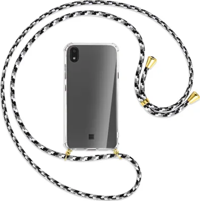 Produktbild von Handykette Backcover-Schutzhülle mit Band (Metall goldfarben) für LG K20 / K20 2019 - schwarz/grau/weiß