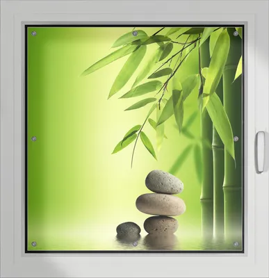 Produktbild von Wallario Lichtschutzbild, Dekorativer Sichtschutz Sonnenschutz 96 x 93 cm mit Motiv: Steinstapel im Grünen - Verdunklung ohne Bohren