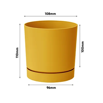 A yellow plant pot with dimensions indicated by measurement lines and text.