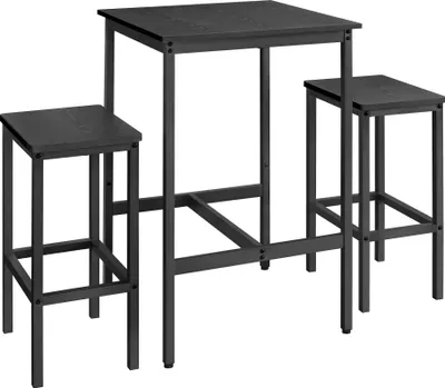 A black bar table with two stools against a white background.