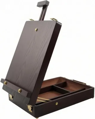 Produktbild von Malkoffer Holz Staffelei Box Malbox Zeichenkoffer mit Aufklappbarem Deckel als Tischstaffelei Ordnungssystem für Werkzeuge Metallbeschläge für Atelier Reise Park Workshop, Dunkelbraun