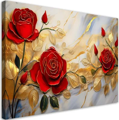 Immagine prodotto di Quadro su tela Rose Fiori dorati Sfondo marmo 120x80 Feeby Rosso Quadro per parete pronto da appendere