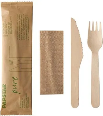 Produktbild von Papstar Bestecksets aus Holz "pure", Messer, Gabel, Serviette in Papierbeutel 10 x 50 Stück