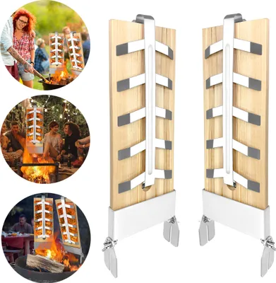Collage of lifestyle shots showing people using the product for grilling and smoking food around a campfire, alongside a product shot of the item itself.